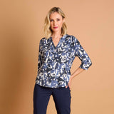 3/4 Sleeve Grey Leaf Print Mandarin Blouse Grey
