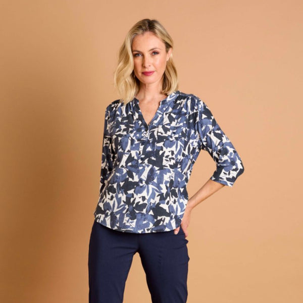 3/4 Sleeve Grey Leaf Print Mandarin Blouse Grey