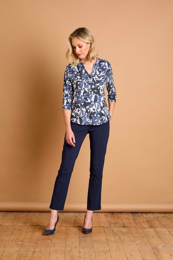 3/4 Sleeve Grey Leaf Print Mandarin Blouse Grey