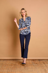 3/4 Sleeve Grey Leaf Print Mandarin Blouse Grey