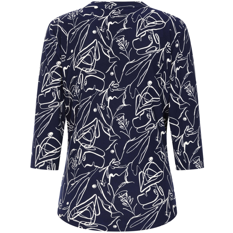 3/4 Sleeve Navy Abstract Mandarin Blouse Navy