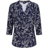 3/4 Sleeve Navy Abstract Mandarin Blouse Navy