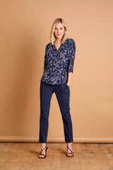 3/4 Sleeve Navy Abstract Mandarin Blouse Navy