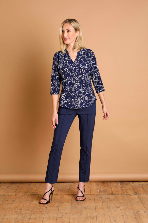 3/4 Sleeve Navy Abstract Mandarin Blouse Navy