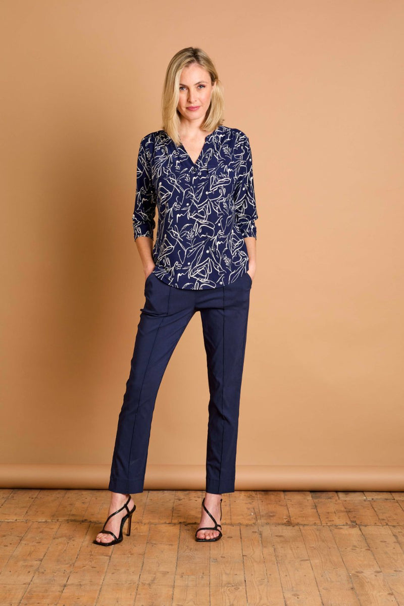 3/4 Sleeve Navy Abstract Mandarin Blouse Navy