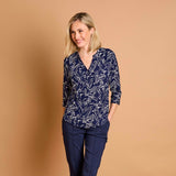 3/4 Sleeve Navy Abstract Mandarin Blouse Navy