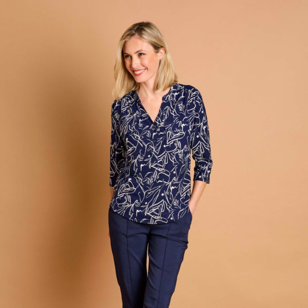 3/4 Sleeve Navy Abstract Mandarin Blouse Navy