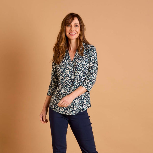 3/4 Sleeve Teal Floral Mandarin Blouse Teal