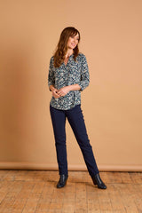 3/4 Sleeve Teal Floral Mandarin Blouse Teal