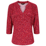 3/4 Sleeve Red Fleck Print Mandarin Blouse Red