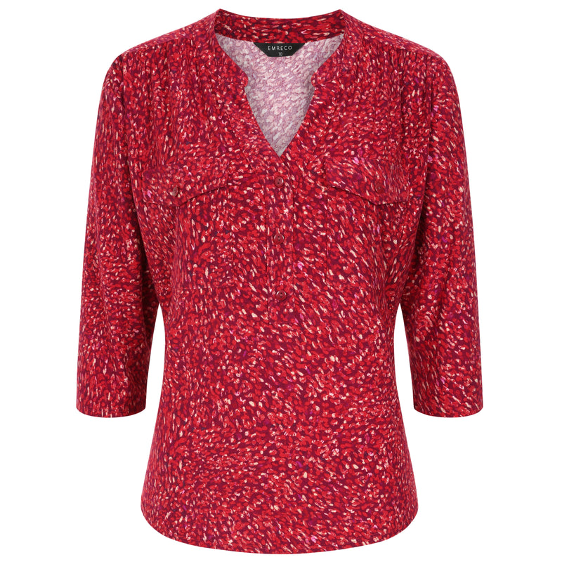3/4 Sleeve Red Fleck Print Mandarin Blouse Red