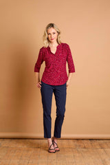 3/4 Sleeve Red Fleck Print Mandarin Blouse Red