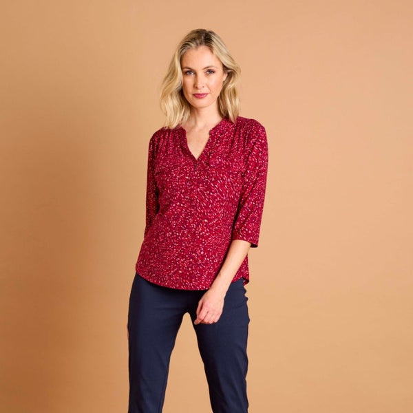3/4 Sleeve Red Fleck Print Mandarin Blouse Red