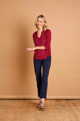 3/4 Sleeve Red Fleck Print Mandarin Blouse Red