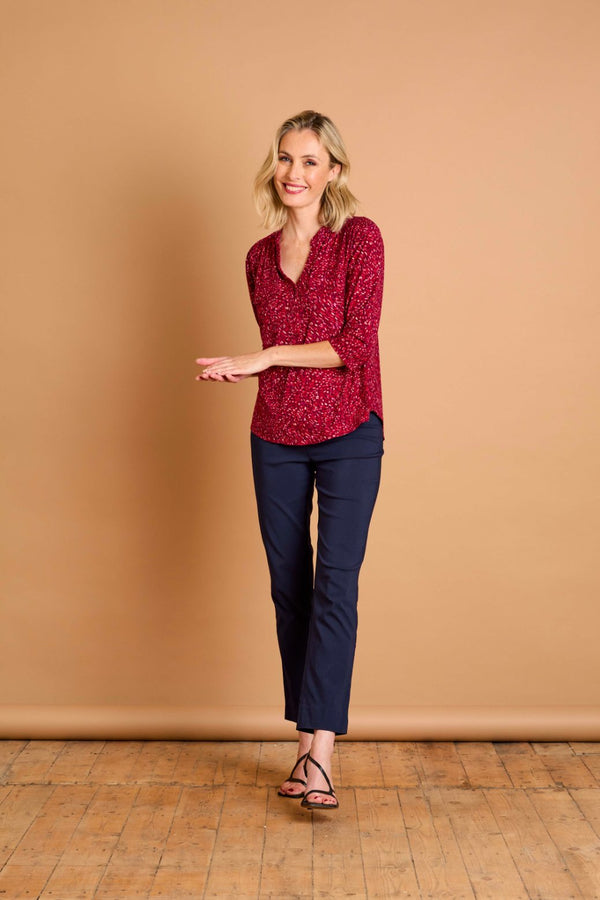 3/4 Sleeve Red Fleck Print Mandarin Blouse Red