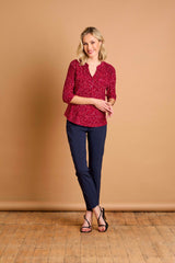 3/4 Sleeve Red Fleck Print Mandarin Blouse Red