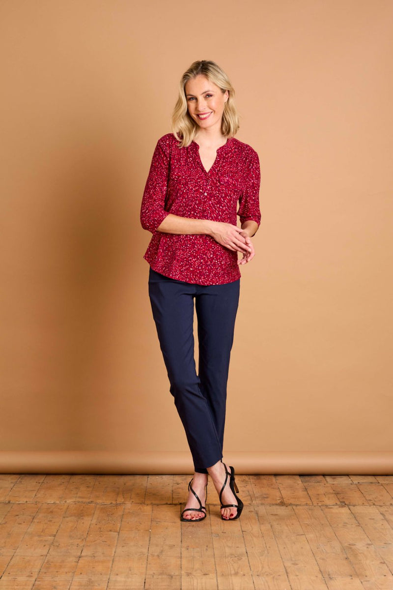 3/4 Sleeve Red Fleck Print Mandarin Blouse Red