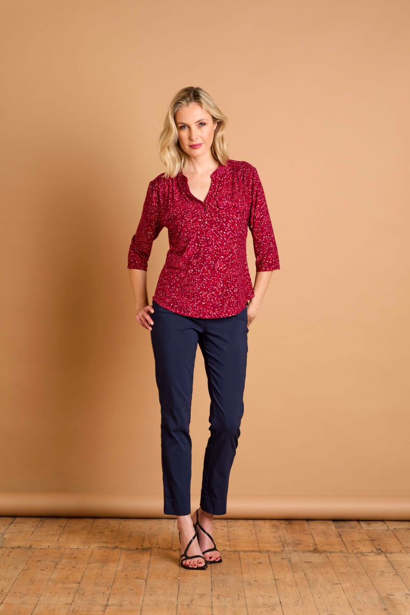 3/4 Sleeve Red Fleck Print Mandarin Blouse Red