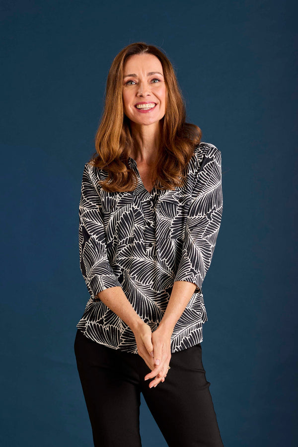 Leaf Print Mandarin Collar Blouse