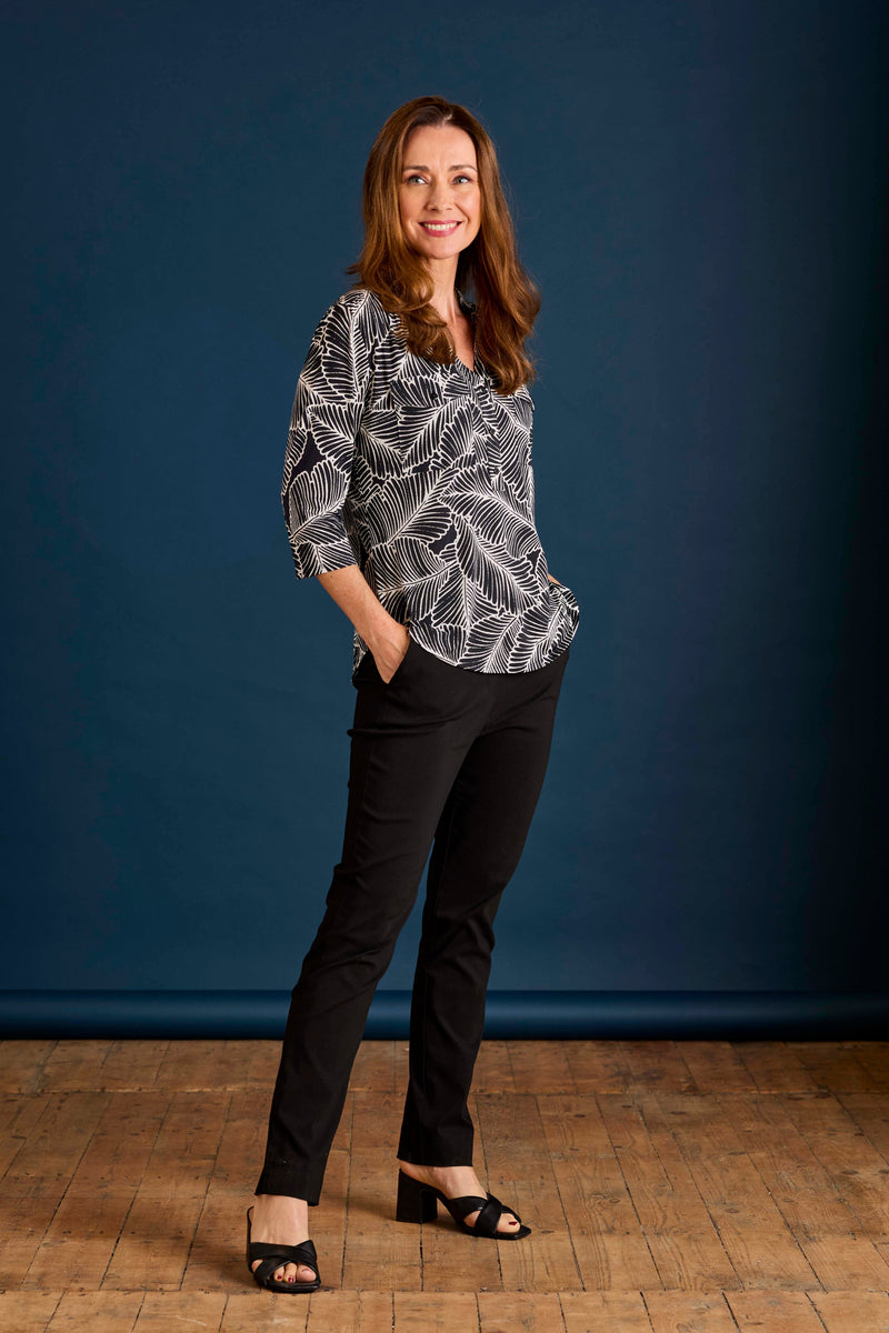 Leaf Print Mandarin Collar Blouse
