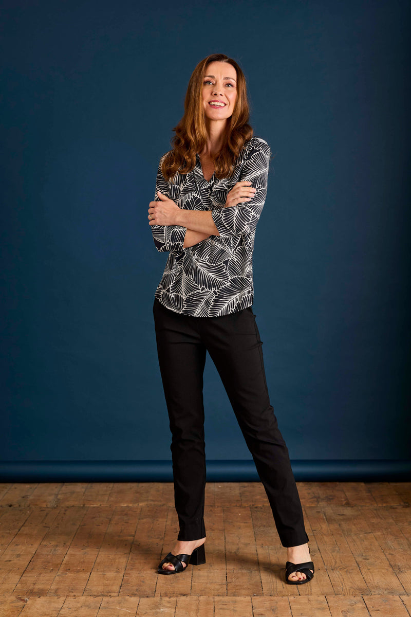 Leaf Print Mandarin Collar Blouse