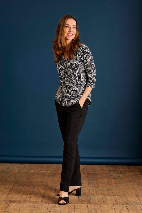 Leaf Print Mandarin Collar Blouse