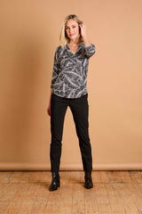 3Qtr Sleeve Leaf Print Mandarin Collar Black/Ivory
