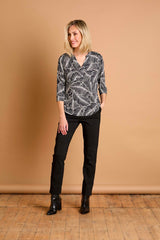 3Qtr Sleeve Leaf Print Mandarin Collar Black/Ivory