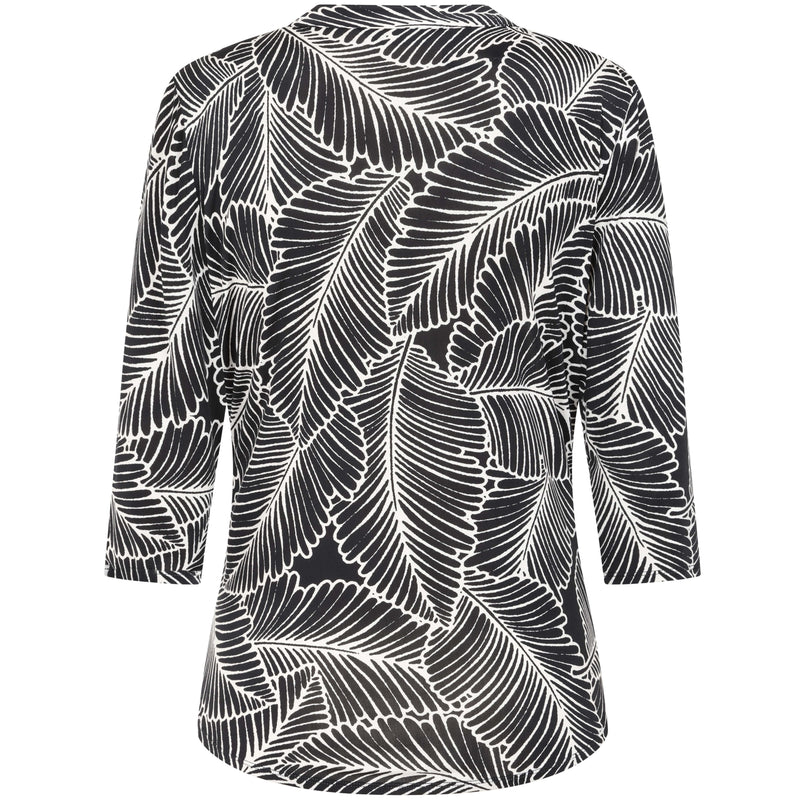3Qtr Sleeve Leaf Print Mandarin Collar Black/Ivory