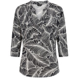 3Qtr Sleeve Leaf Print Mandarin Collar Black/Ivory