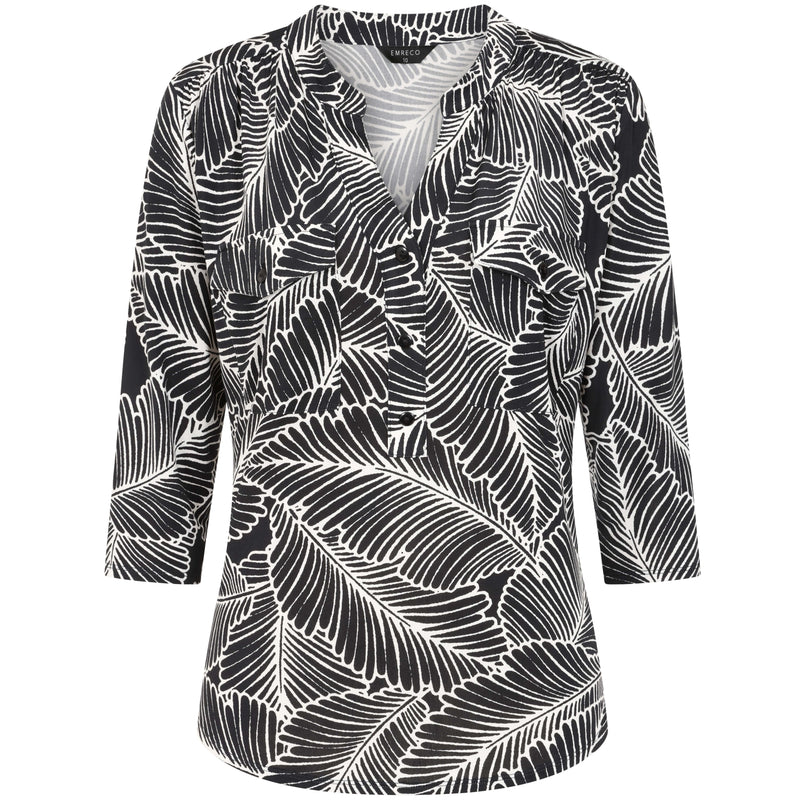 3Qtr Sleeve Leaf Print Mandarin Collar Black/Ivory
