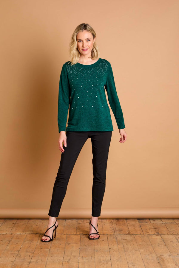 Hot Fix Round Neck Top Dark Green