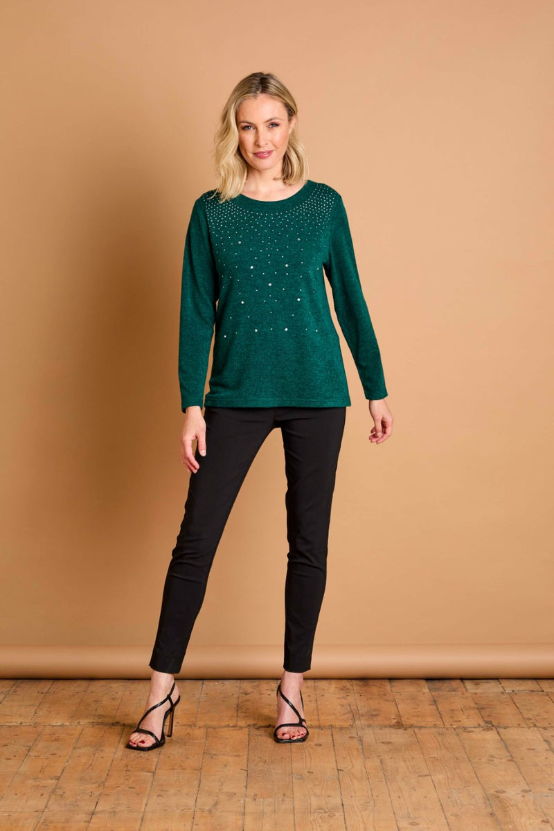 Hot Fix Round Neck Top Dark Green