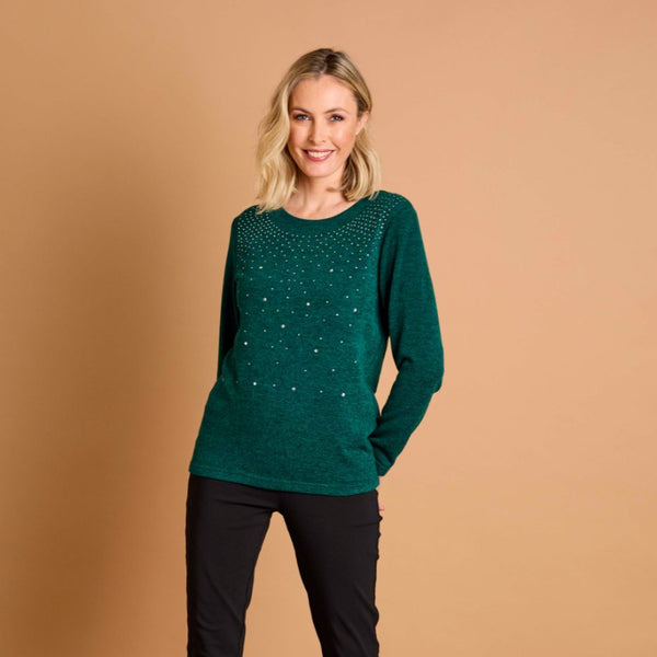 Hot Fix Round Neck Top Dark Green