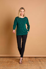 Hot Fix Round Neck Top Dark Green