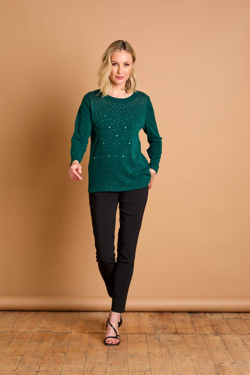 Hot Fix Round Neck Top Dark Green