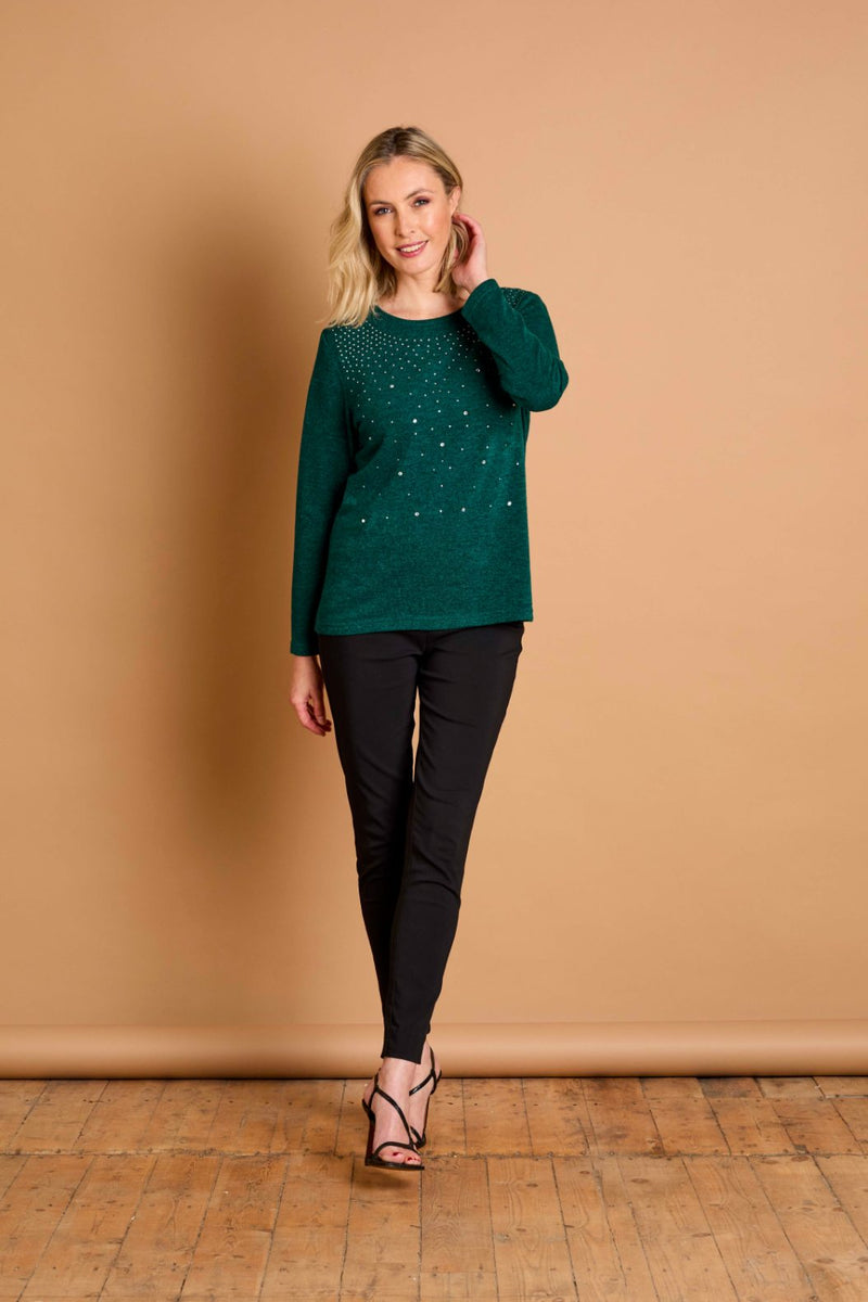 Hot Fix Round Neck Top Dark Green