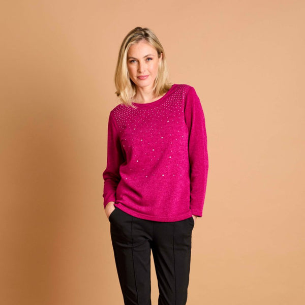 Hot Fix Round Neck Top Pink