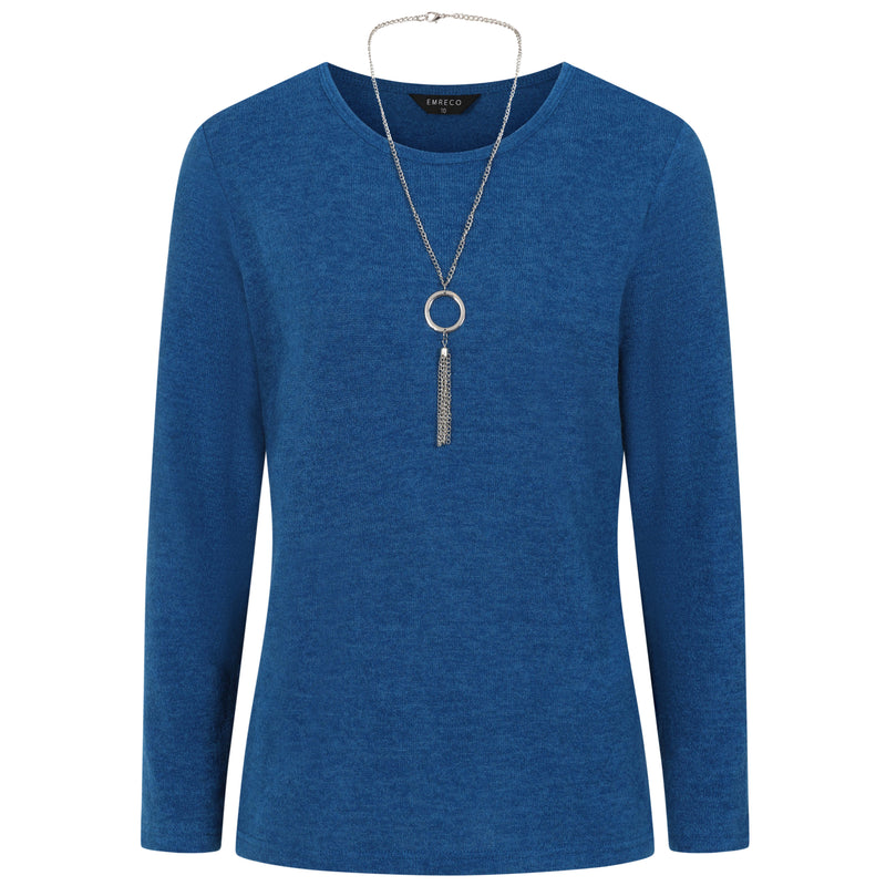 Soft Touch Round Neck Top With Necklace Blue
