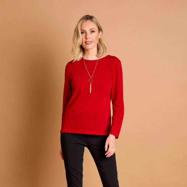 Soft Touch Round Neck Top With Necklace Red