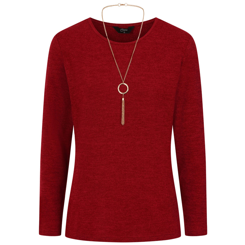 Soft Touch Round Neck Top With Necklace Red