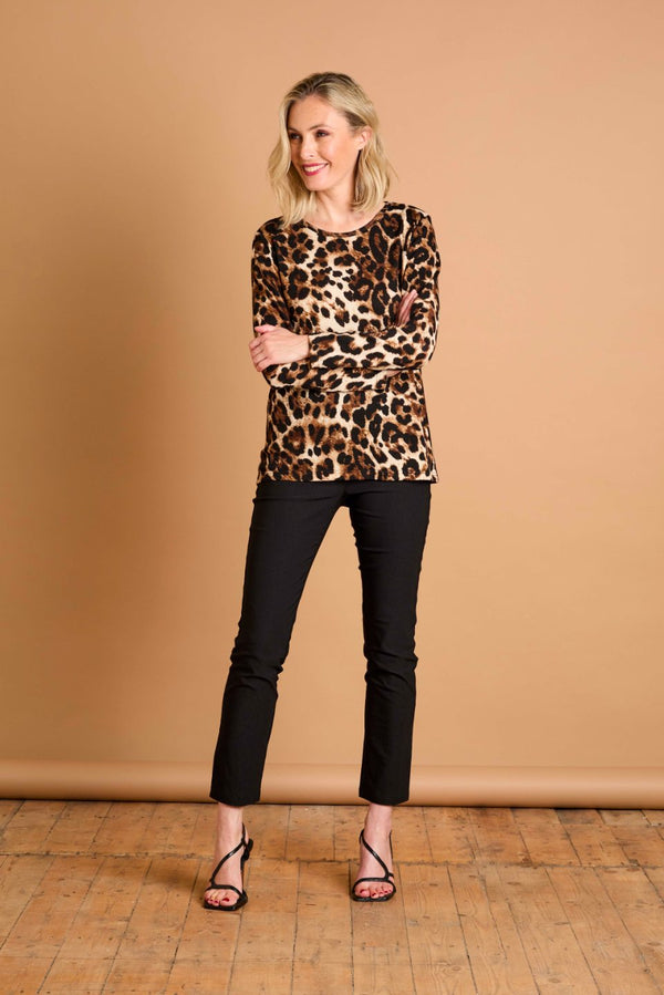 Soft Touch Leopard Print Round Neck Top Natural