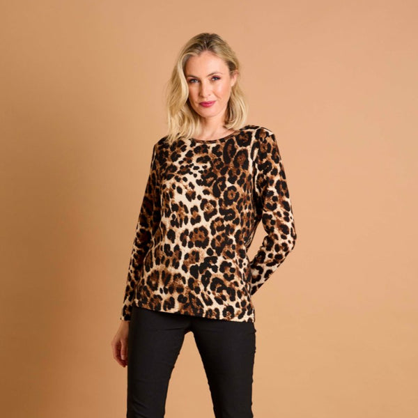 Soft Touch Leopard Print Round Neck Top Natural