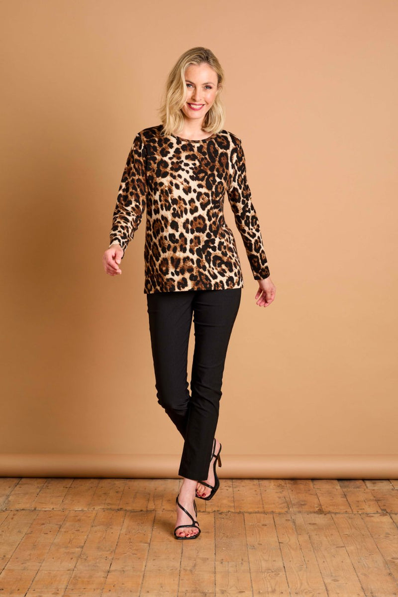Soft Touch Leopard Print Round Neck Top Natural