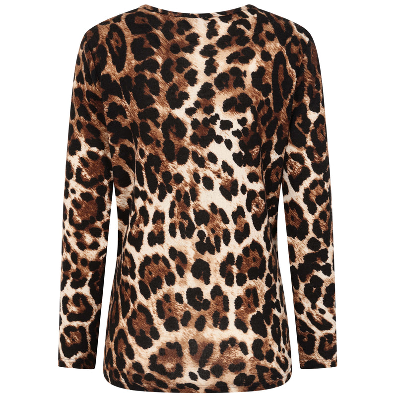 Soft Touch Leopard Print Round Neck Top Natural
