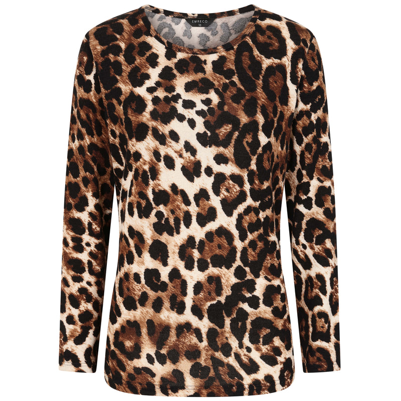 Soft Touch Leopard Print Round Neck Top Natural
