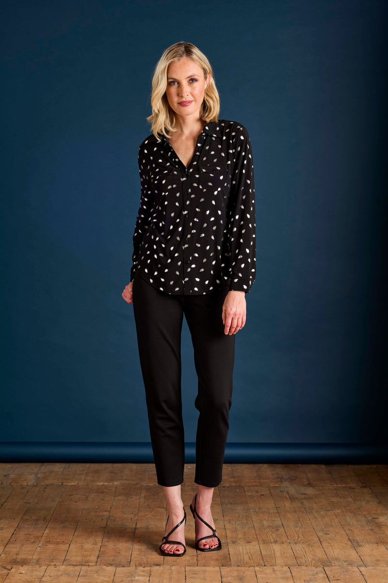 Foil Print Long Sleeve Collar Blouse