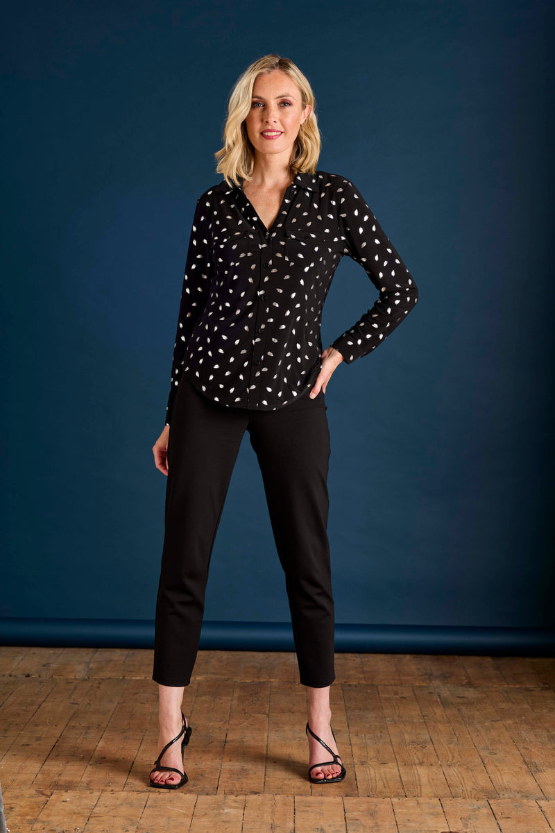 Foil Print Long Sleeve Collar Blouse