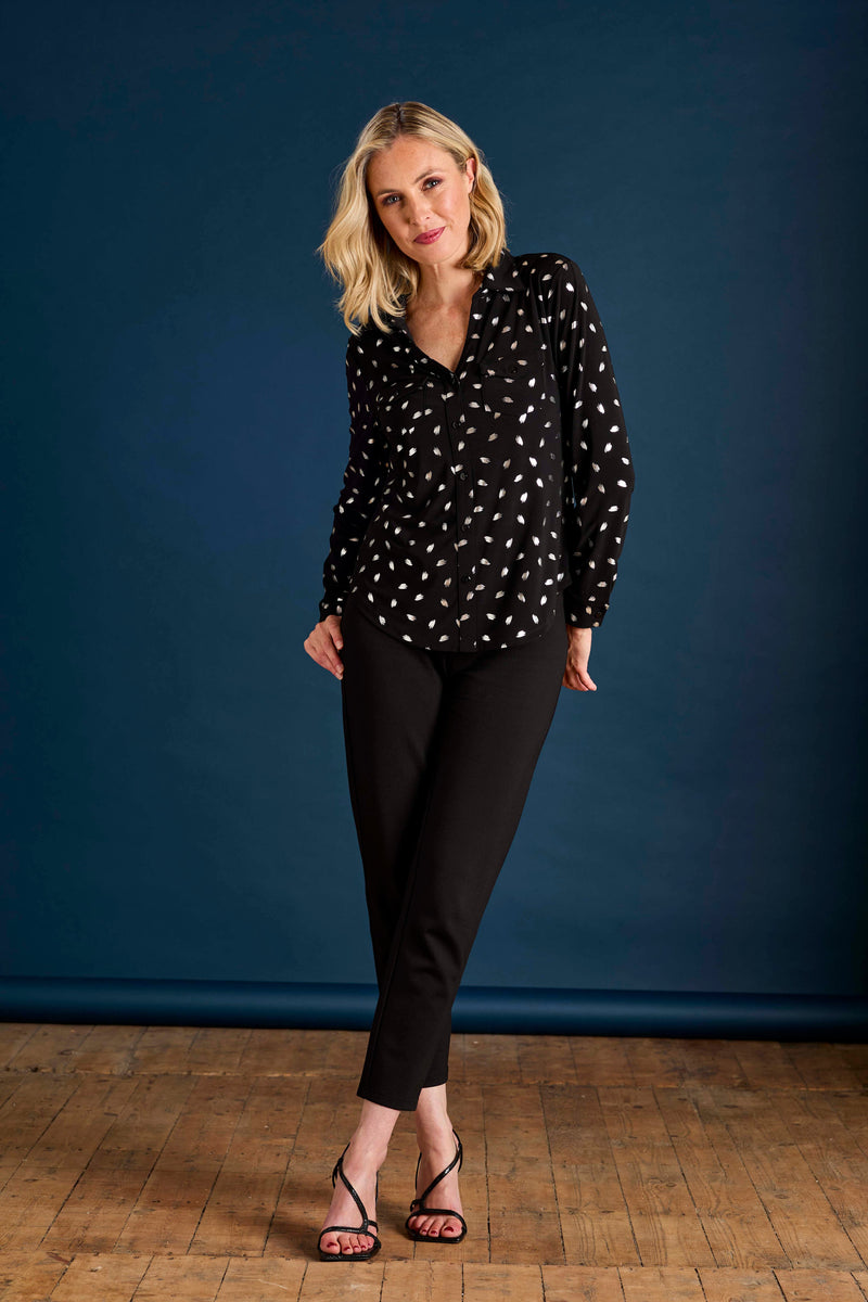 Foil Print Long Sleeve Collar Blouse