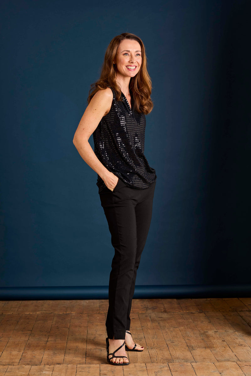 Sleeveless Sequin Sparkle Pleat Front Blouse